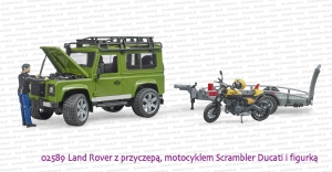 02589 BRUDER Land Rover Defender z przyczepą z motocyklem Scrambler Ducati Full Throttle i figurką kierowcy