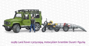 02589 BRUDER Land Rover Defender z przyczepą z motocyklem Scrambler Ducati Full Throttle i figurką kierowcy