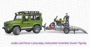 02589-4.jpg02589 BRUDER Land Rover Defender z przyczepą z motocyklem Scrambler Ducati Full Throttle i figurką kierowcy