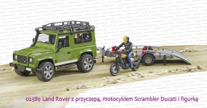 02589 BRUDER Land Rover Defender z przyczepą z motocyklem Scrambler Ducati Full Throttle i figurką kierowcy