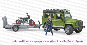 02589 BRUDER Land Rover Defender z przyczepą z motocyklem Scrambler Ducati Full Throttle i figurką kierowcy