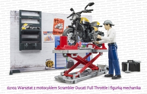 62102 BRUDER Warsztat z motocyklem Scrambler Ducati Full Throttle z mechanikiem i narzędziami