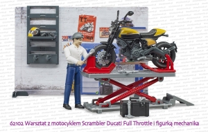 62102 BRUDER Warsztat z motocyklem Scrambler Ducati Full Throttle z mechanikiem i narzędziami