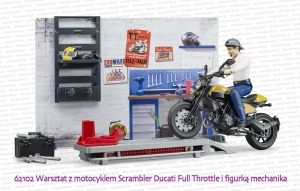 62102 BRUDER Warsztat z motocyklem Scrambler Ducati Full Throttle z mechanikiem i narzędziami