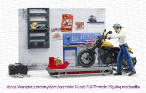 62102 BRUDER Warsztat z motocyklem Scrambler Ducati Full Throttle z mechanikiem i narzędziami