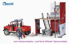 62701 BRUDER Remiza strażacka z Land Roverem Defender straży pożarnej i strażakiem
