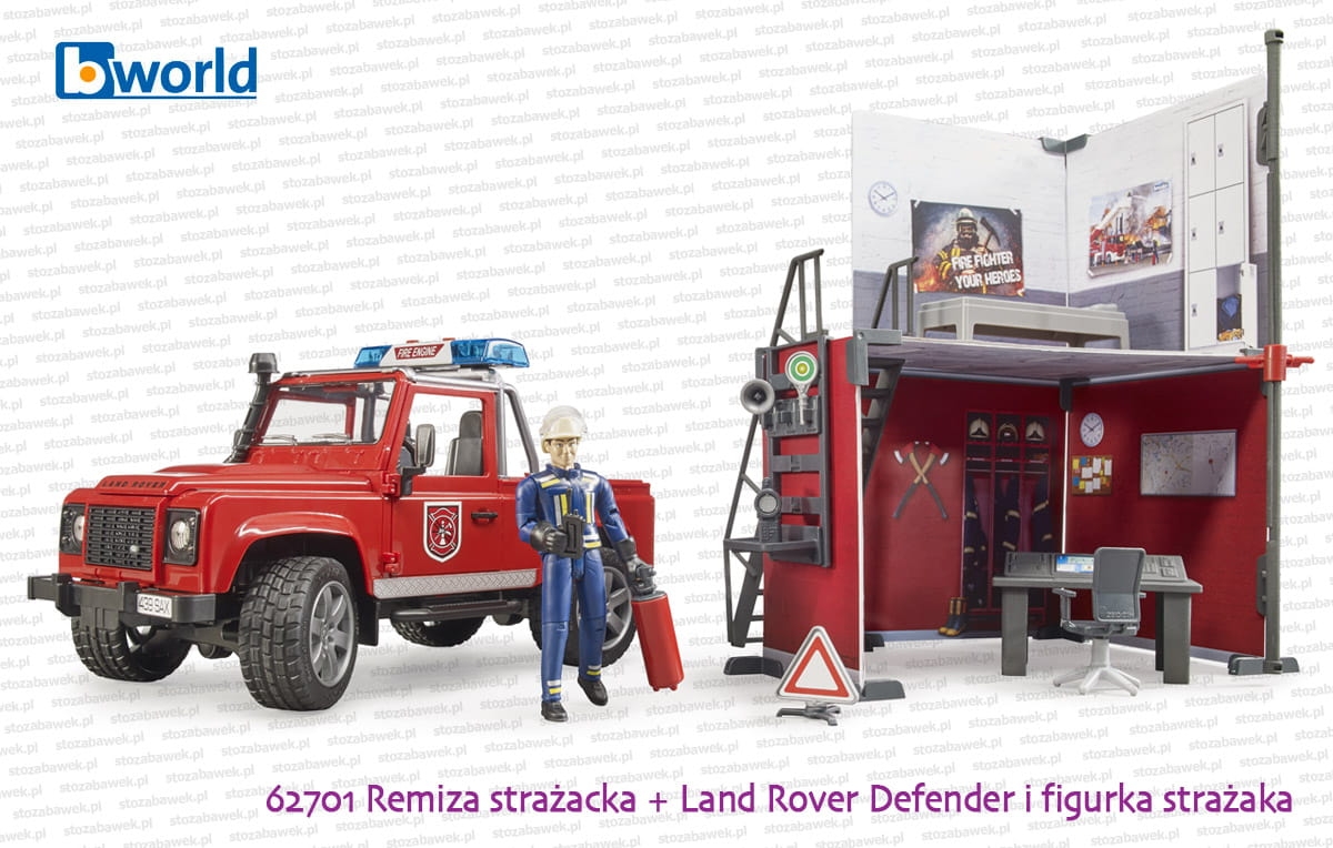 62701 BRUDER Remiza strażacka z Land Roverem Defender straży pożarnej i strażakiem
