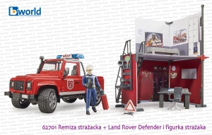 62701 BRUDER Remiza strażacka z Land Roverem Defender straży pożarnej i strażakiem