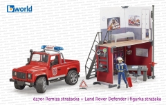 62701 BRUDER Remiza strażacka z Land Roverem Defender straży pożarnej i strażakiem