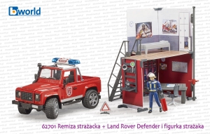 62701 BRUDER Remiza strażacka z Land Roverem Defender straży pożarnej i strażakiem