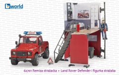 62701 BRUDER Remiza strażacka z Land Roverem Defender straży pożarnej i strażakiem