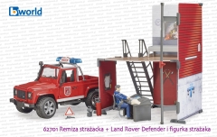 62701 BRUDER Remiza strażacka z Land Roverem Defender straży pożarnej i strażakiem