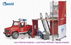 62701 BRUDER Remiza strażacka z Land Roverem Defender straży pożarnej i strażakiem