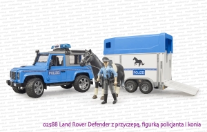 02588 BRUDER Land Rover Defender policyjny z przyczepą dla konia z figurką konia i policjanta