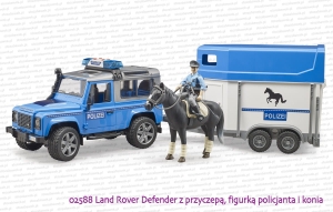 02588 BRUDER Land Rover Defender policyjny z przyczepą dla konia z figurką konia i policjanta