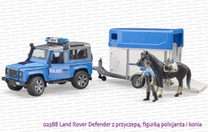 02588 BRUDER Land Rover Defender policyjny z przyczepą dla konia z figurką konia i policjanta