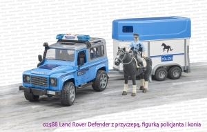 02588 BRUDER Land Rover Defender policyjny z przyczepą dla konia z figurką konia i policjanta