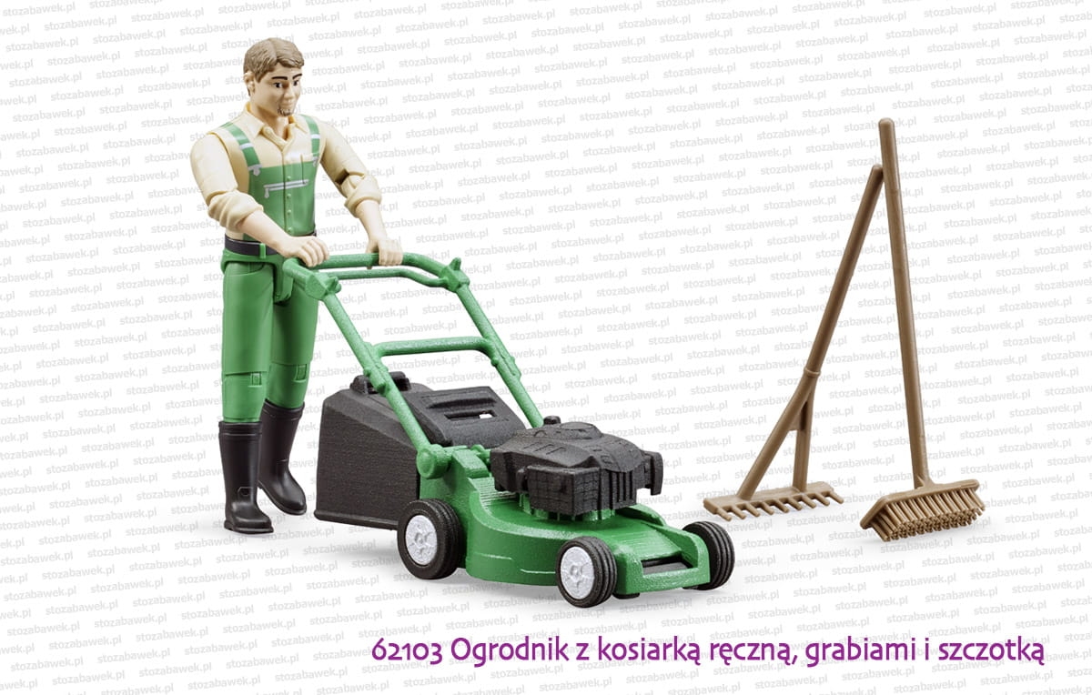62103 BRUDER Ogrodnik z kosiarką ręczną, grabiami i szczotką