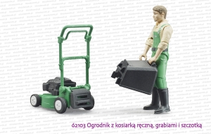 62103 BRUDER Ogrodnik z kosiarką ręczną ze zdjętym koszem, grabiami i szczotką