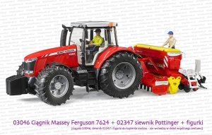 03046 BRUDER Ciągnik rolniczy Massey Ferguson 7624 z doczepionym siewnikiem Pottinger 02346 i figurkami. Siewnik i figurki do kupienia osobno - nie wchodzą w skład wspólnego zestawu.