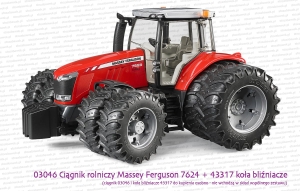 03046 BRUDER Ciągnik rolniczy Massey Ferguson 7624 z dodatkowymi kołami bliźniaczymi 43317. Koła do kupienia osobno - nie wchodzą w skład zabawki 03046.