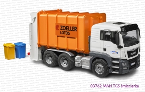 03762 BRUDER MAN TGS śmieciarka szaro-pomarańczowa z tylnym załadunkiem