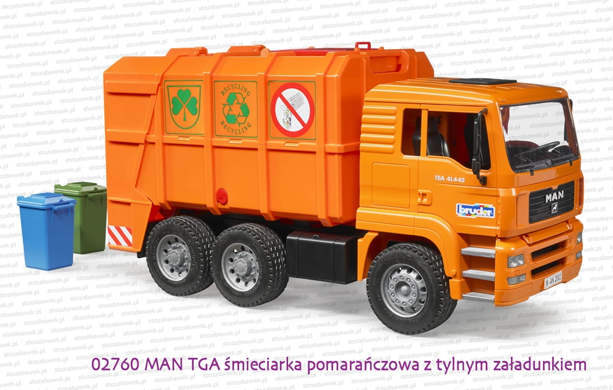 02760 BRUDER MAN TGA śmieciarka pomarańczowa z tylnym załadunkiem