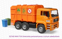02760 BRUDER MAN TGA śmieciarka pomarańczowa z tylnym załadunkiem