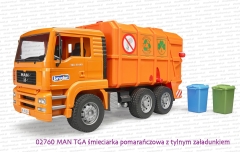 02760 BRUDER MAN TGA śmieciarka pomarańczowa z tylnym załadunkiem