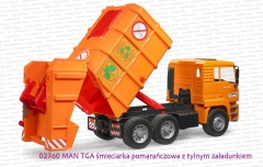 02760 BRUDER MAN TGA śmieciarka pomarańczowa z tylnym załadunkiem z otwartą skrzynią na śmieci