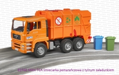 02760 BRUDER MAN TGA śmieciarka pomarańczowa z tylnym załadunkiem