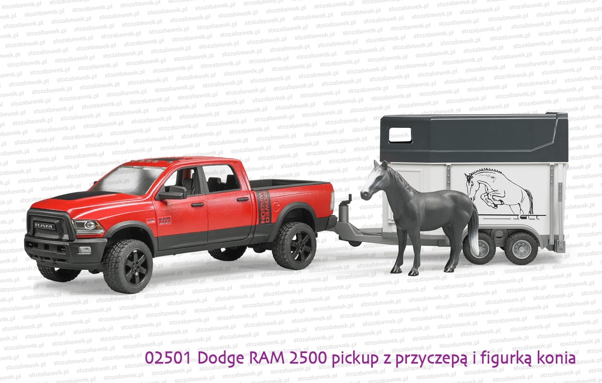 02501 BRUDER Dodge RAM 2500 Pickup z przyczepą do przewozu koni i figurką konia