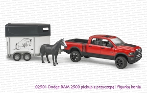 02501 BRUDER Dodge RAM 2500 Pickup z przyczepą do przewozu koni i figurką konia
