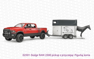 02501 BRUDER Dodge RAM 2500 Pickup z przyczepą do przewozu koni i figurką konia