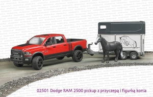 02501 BRUDER Dodge RAM 2500 Pickup z przyczepą do przewozu koni i figurką konia