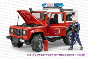 Bruder 02596 Land Rover Defender straż pożarna z otwartą maską od silnika + figurka strażaka