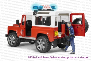 Bruder 02596 Land Rover Defender straż pożarna + figurka strażaka - wszystkie drzwi są otwierane