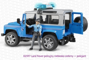 02597 Land Rover Defender policyjny niebiesko-srebrny z otwartymi drzwiami + figurka policjanta