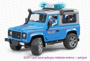 02597 Land Rover Defender policyjny niebiesko-srebrny + figurka policjanta pasująca do środka samochodu