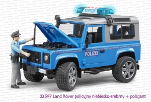 02597 Land Rover Defender policyjny niebiesko-srebrny z otwartą maską od silnika + figurka policjanta