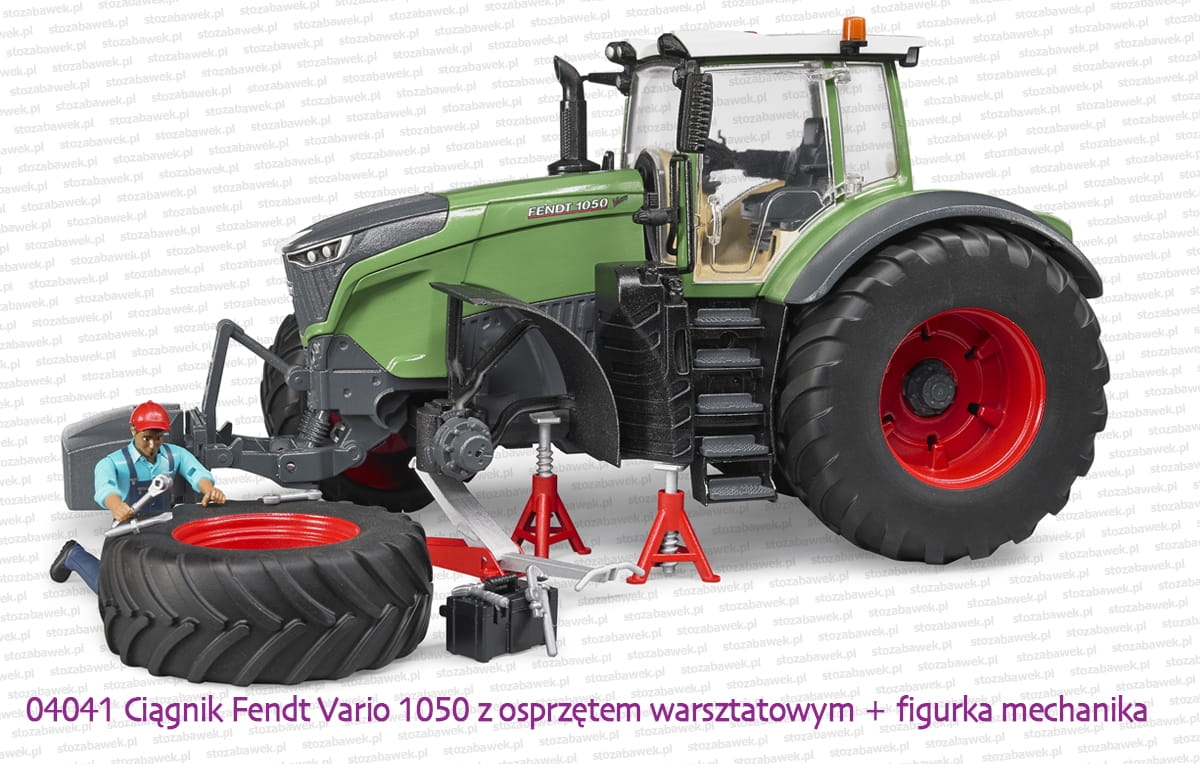 04041 BRUDER Ciągnik rolniczy Fendt 1050 Vario z figurką mechanika i narzędziami warsztatowymi - zdjęte koło