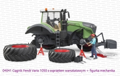 04041 BRUDER Ciągnik rolniczy Fendt 1050 Vario z figurką mechanika i narzędziami warsztatowymi - zdjęte dwa koła