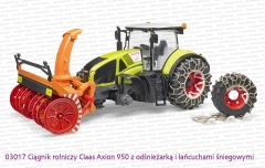 Bruder 03017 Ciągnik rolniczy Claas Axion 950 z odśnieżarką i łańcuchami śniegowymi - odczepione przednie koło i łańcuchy