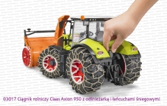 Bruder 03017 Ciągnik rolniczy Claas Axion 950 z odśnieżarką i łańcuchami śniegowymi - regulacja wysokości tylnego haka