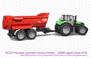 Bruder 02225 Przyczepa wywrotka rolnicza Krampe oraz ciągnik 03080 Deutz Agrotron X720 - przybliżenie skali