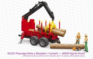 02252 BRUDER Przyczepa leśna z dźwigiem i 4 pniami oraz dwie figurki drwali 60030 z akcesoriami. Drwale do kupienia osobno - nie wchodzą w skład wspólnego zestawu.