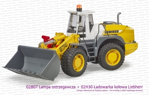 02807 BRUDER Lampa ostrzegawcza (kogut) z wymiennymi kloszami oraz 02430 ładowarka Liebherr. Obie zabawki do kupienia osobno - nie wchodzą w skład wspólnego zestawu.
