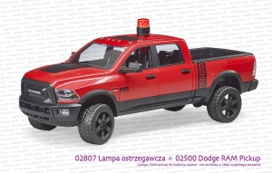 02807 BRUDER Lampa ostrzegawcza (kogut) z wymiennymi kloszami oraz 02500 Dodge Ram 2500 Pickup. Obie zabawki do kupienia osobno - nie wchodzą w skład wspólnego zestawu.