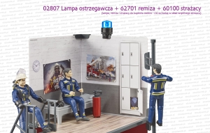 02807 BRUDER Lampa ostrzegawcza (kogut) z wymiennymi kloszami oraz 62701 Remiza strażacka i 60100 dodatkowi strażacy. Wszystkie trzy zabawki do kupienia osobno - nie wchodzą w skład wspólnego zestawu.