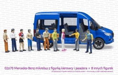 02670 BRUDER Mercedes-Benz Sprinter mikrobus z dwiema figurkami z dodatkowymi 8 pasażerami. Dodatkowe 8 figurek do kupienia osobno - nie wchodzą w skład wspólnego zestawu.